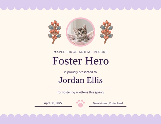 Keepsake certificate size of Spring Kitten Season Fosters