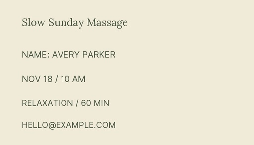 Appointment card size of Slow Sunday Massage