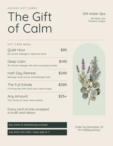 Letter menu / price list size of The Gift of Calm