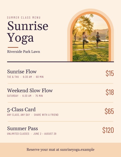 Letter menu / price list size of Sunrise Yoga in the Park