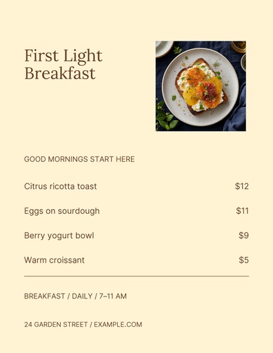Letter menu / price list size of First Light Breakfast