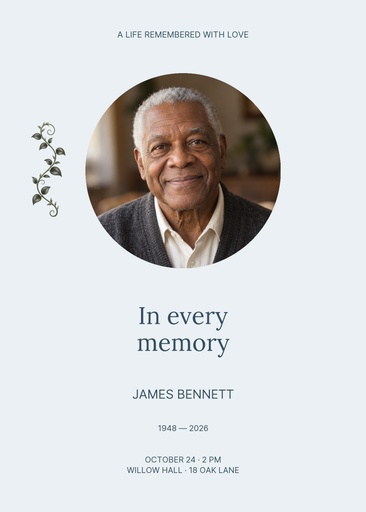 Remembrance card size of In Every Memory