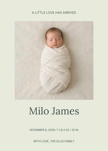 Birth announcement card size of A Little Love Arrives