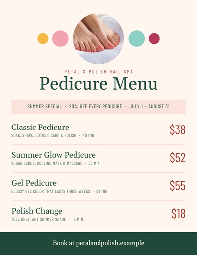 Letter menu / price list size of The Summer Pedicure Bar