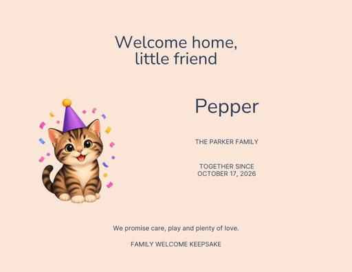 Keepsake certificate size of Welcome Home Little Friend