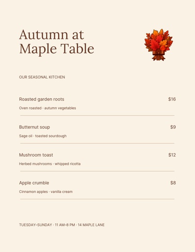 Letter menu / price list size of The Maple Table