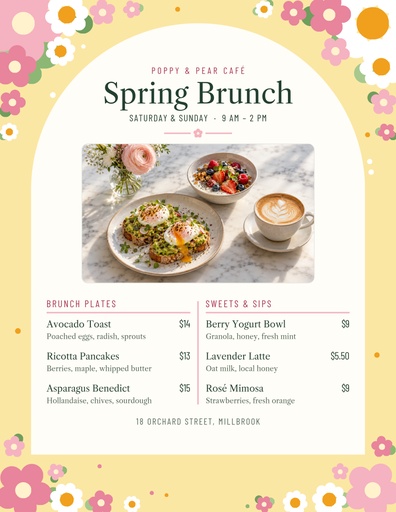 Letter menu / price list size of Spring Brunch Menu