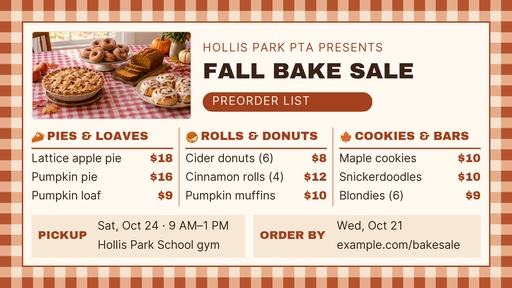 Digital menu board size of Fall Bake Sale Preorders