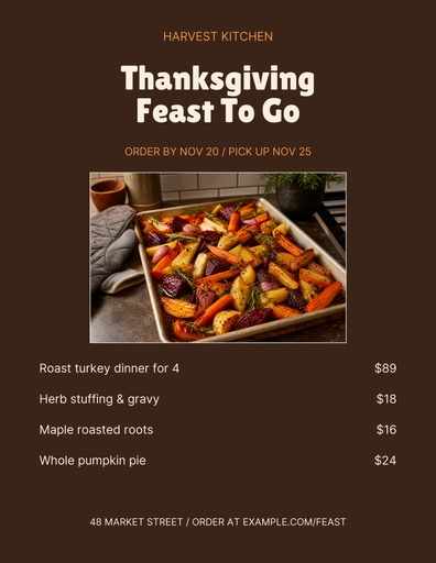 Letter menu / price list size of Thanksgiving Feast To Go