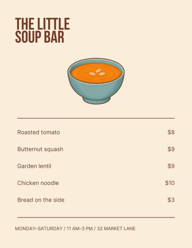 Letter menu / price list size of The Little Soup Bar