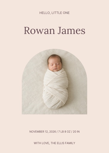 Birth announcement card size of Hello, Little Rowan