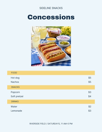 Letter menu / price list size of Sideline Snacks