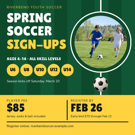 Square post size of Spring Soccer Sign-Ups