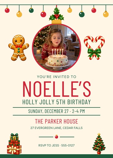 5 × 7 invitation size of Holly Jolly Five
