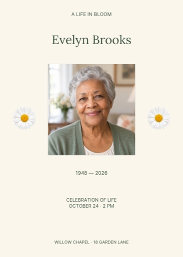 Remembrance card size of A Life in Bloom
