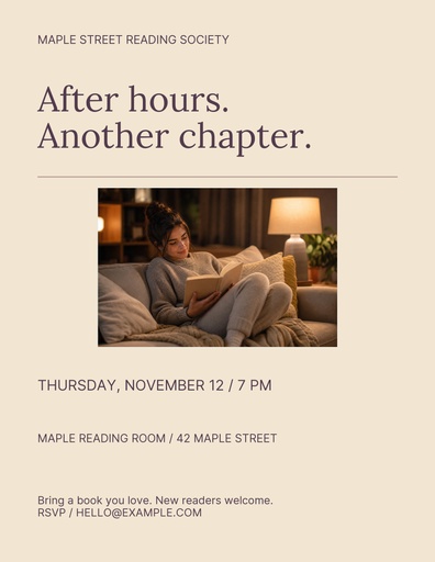 Letter flyer size of After Hours Book Club