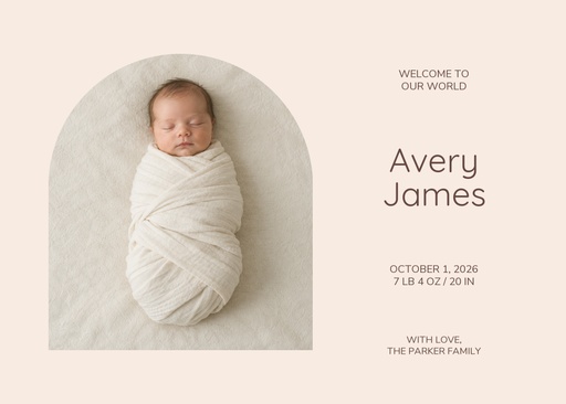 Landscape greeting size of Welcome, Little Avery