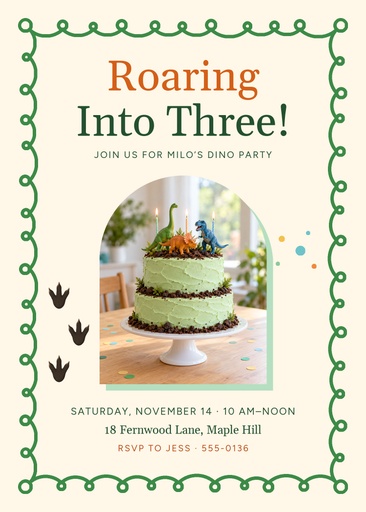 5 × 7 invitation size of Roaring Into Three