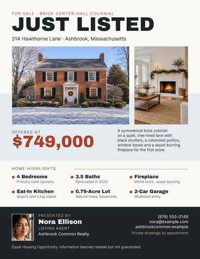 Letter flyer size of Just Listed on Hawthorne Lane