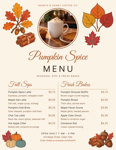 Letter menu / price list size of The Pumpkin Spice Menu