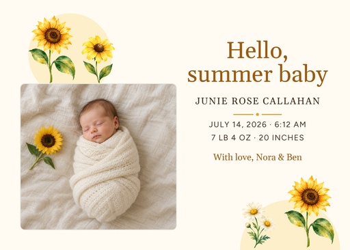 7 × 5 birth announcement size of Hello, Summer Baby