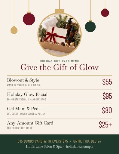 Letter menu / price list size of Give the Gift of Glow