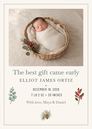 5 × 7 birth announcement size of The Best Gift Came Early