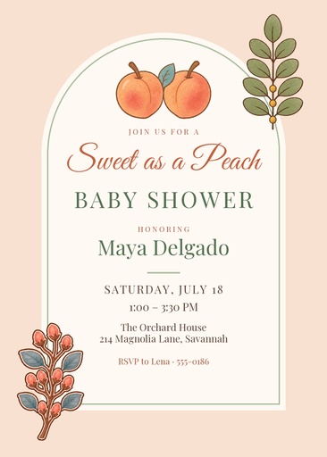 5 × 7 invitation size of Sweet as a Peach Shower