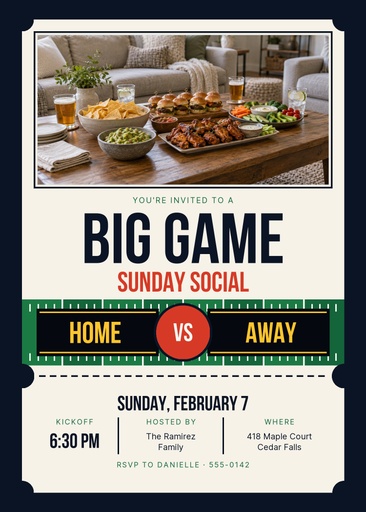 5 × 7 invitation size of Big Game Sunday Social