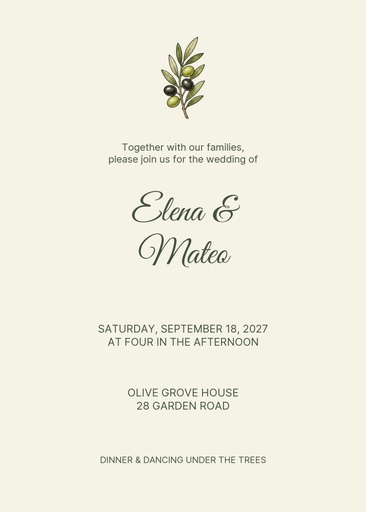 5 × 7 invitation size of Under the Olive Trees
