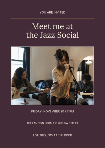 5 × 7 invitation size of Meet Me at the Jazz Social