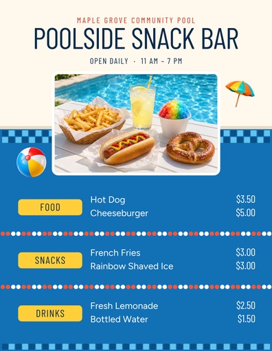 Letter menu / price list size of The Poolside Snack Bar