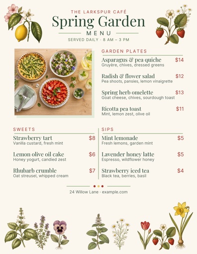 Letter menu / price list size of The Spring Garden Menu