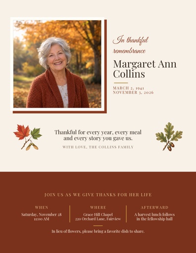 Letter flyer size of In Thankful Remembrance
