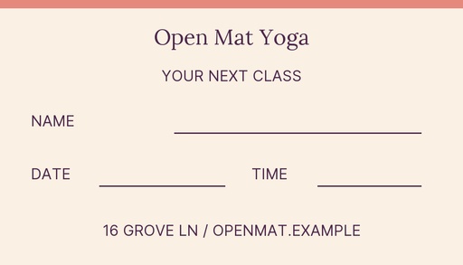 Class appointment card size of Open Mat Yoga