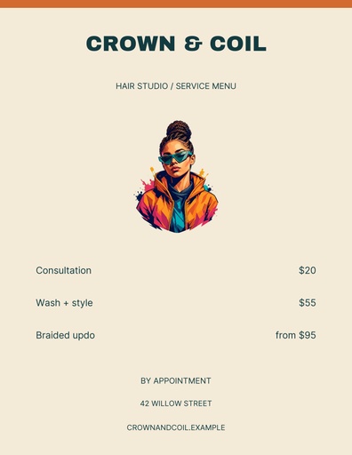 Letter menu / price list size of Crown and Coil Studio