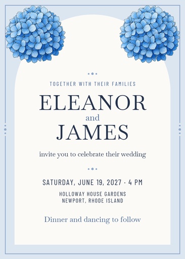 5 × 7 invitation size of Blue Hydrangea Wedding