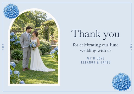 Thank-you card size of Blue Hydrangea Wedding