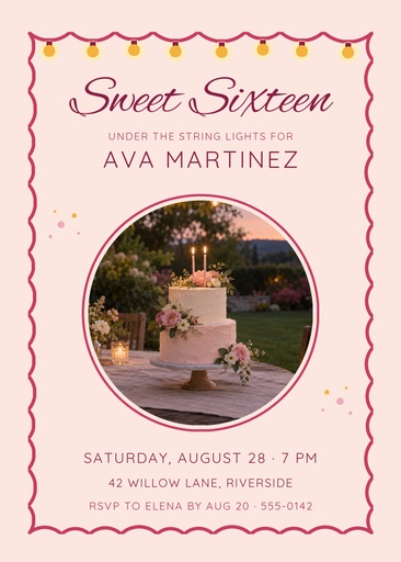 5 × 7 invitation size of Sixteen Under the String Lights