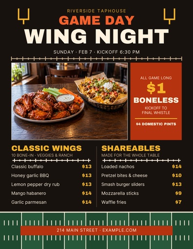 Letter menu / price list size of Game Day Wing Night