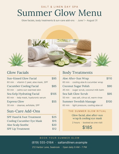 Letter menu / price list size of Sun-Kissed Summer Glow